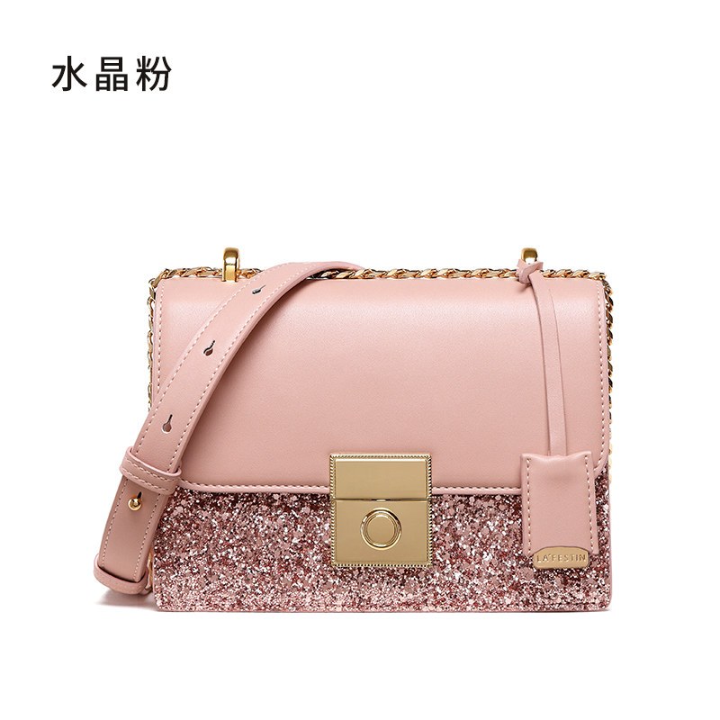 拉菲斯汀女包2018新款牛皮小方包斜挎单肩包欧美时尚迷你亮片包包 水晶粉