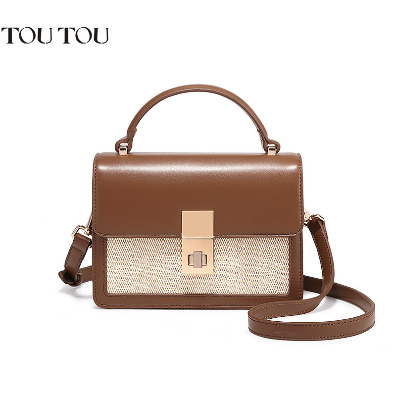 toutou2018新款手提包包女韩版百搭宽肩带小方包时尚单肩斜挎包潮 咖啡色