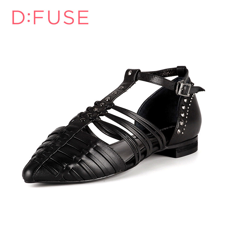 D：Fuse/迪芙斯春款牛皮包头低跟铆钉小白鞋女凉鞋DF61113010 10黑色 37