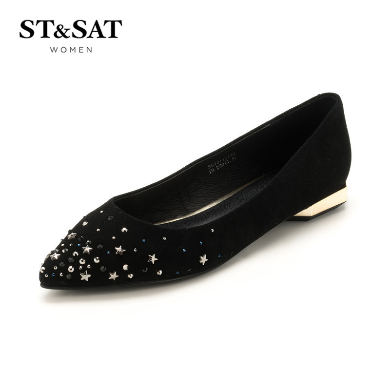 St&Sat/星期六单鞋女羊反绒尖头低跟女鞋SS73111142 黑色 37