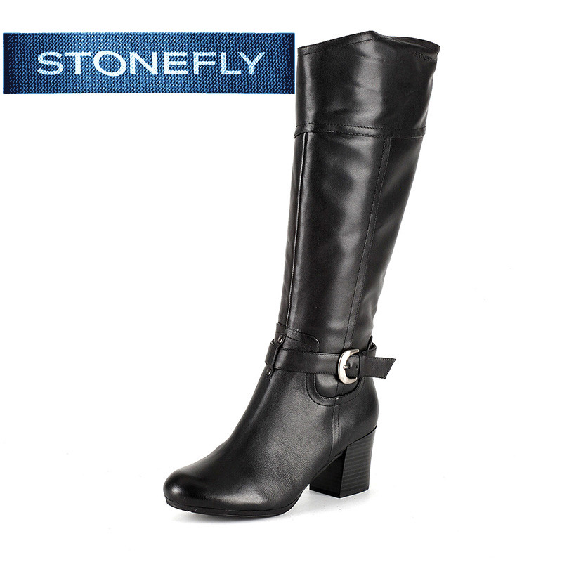 斯通富来STONEFLY专柜黑色长靴牛皮纯色粗跟女鞋SD44117119 黑色 34