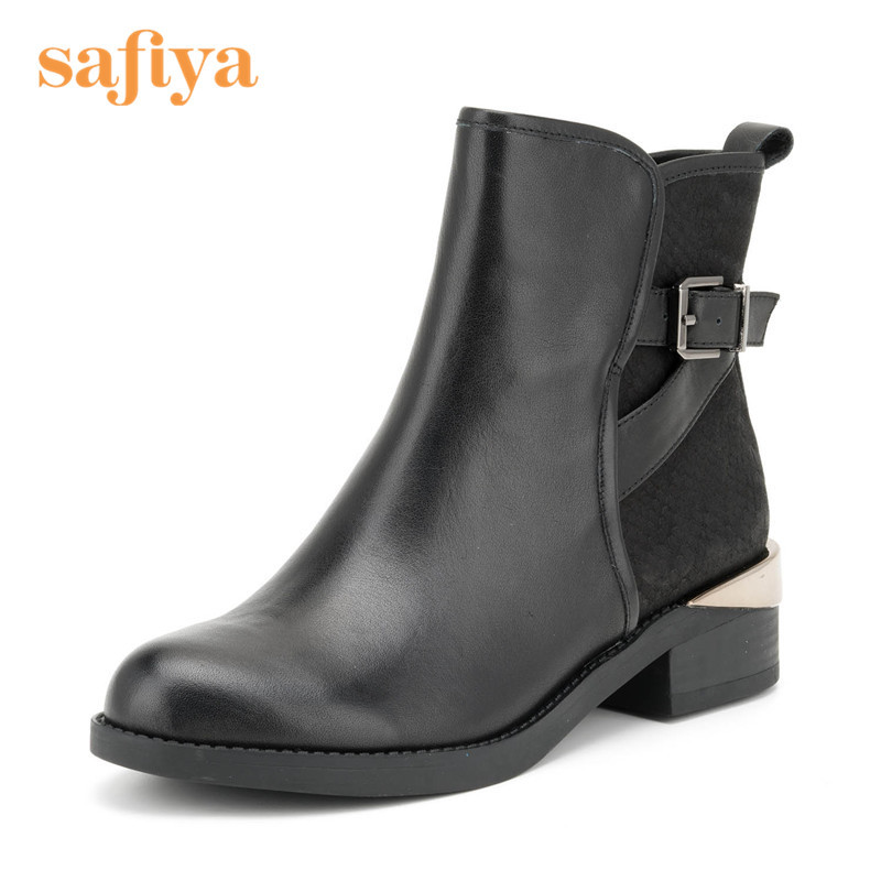 索菲娅Safiya牛皮圆头中跟套脚皮带扣深口女鞋SF54117034 黑色 37