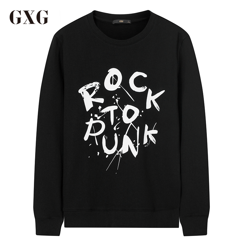 GXG卫衣男装春季热卖时尚潮流黑色短款印花圆领卫衣男潮_1 185/XXL 黑色