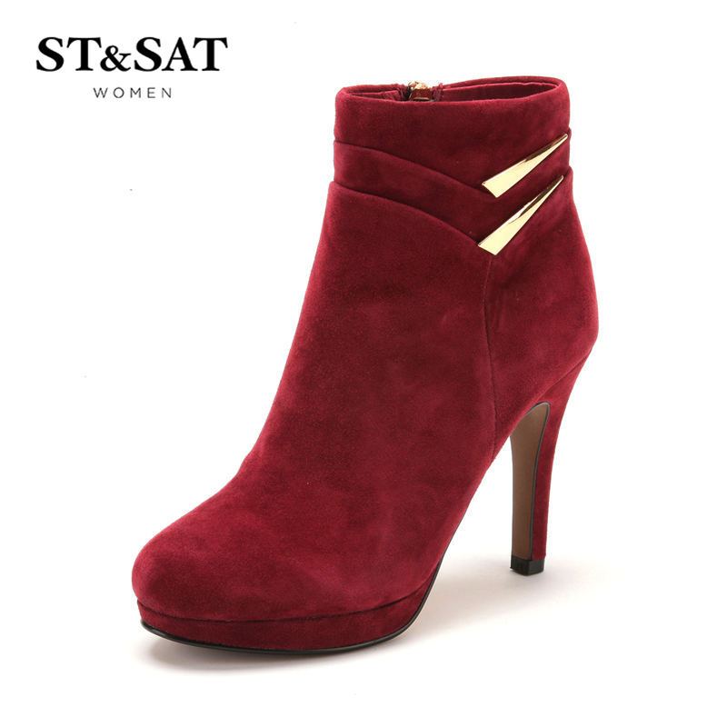 星期六ST&SAT冬季新款绒面羊皮圆头超高显瘦拉链金属短靴 深红色 35