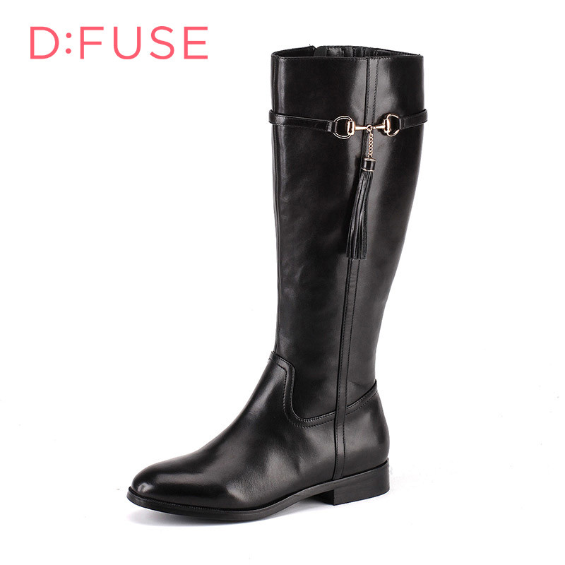 D：Fuse/迪芙斯冬季新款牛皮流苏金属低跟长靴女鞋DF54116036_vYq07 10黑色 39