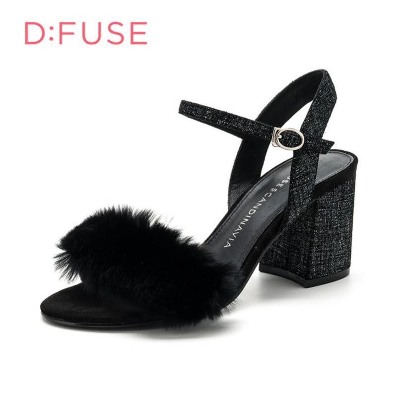 D：Fuse/迪芙斯牛反绒露趾粗高跟毛毛女鞋凉鞋DF72115256 黑色 37