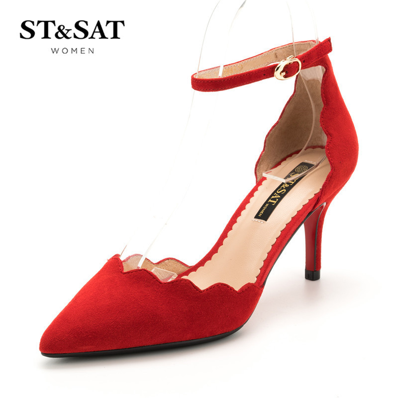 St&Sat/星期六早春新羊反绒/织物尖头高跟女鞋SS81114235 红色 34