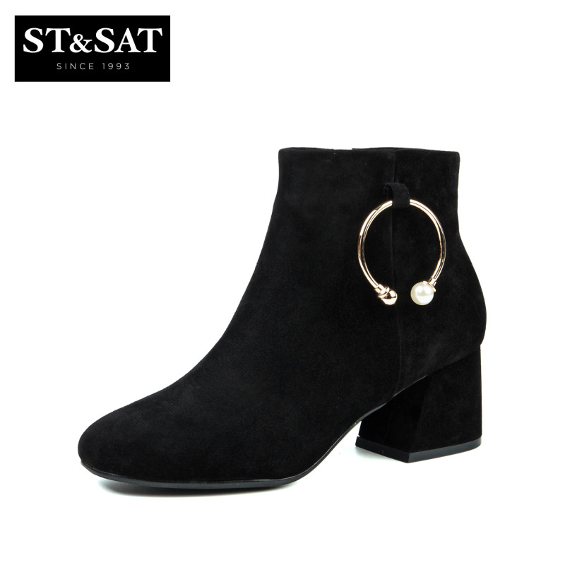 星期六ST&SAT冬短靴女羊反绒圆头粗高跟女靴SS74116710 10黑色 39