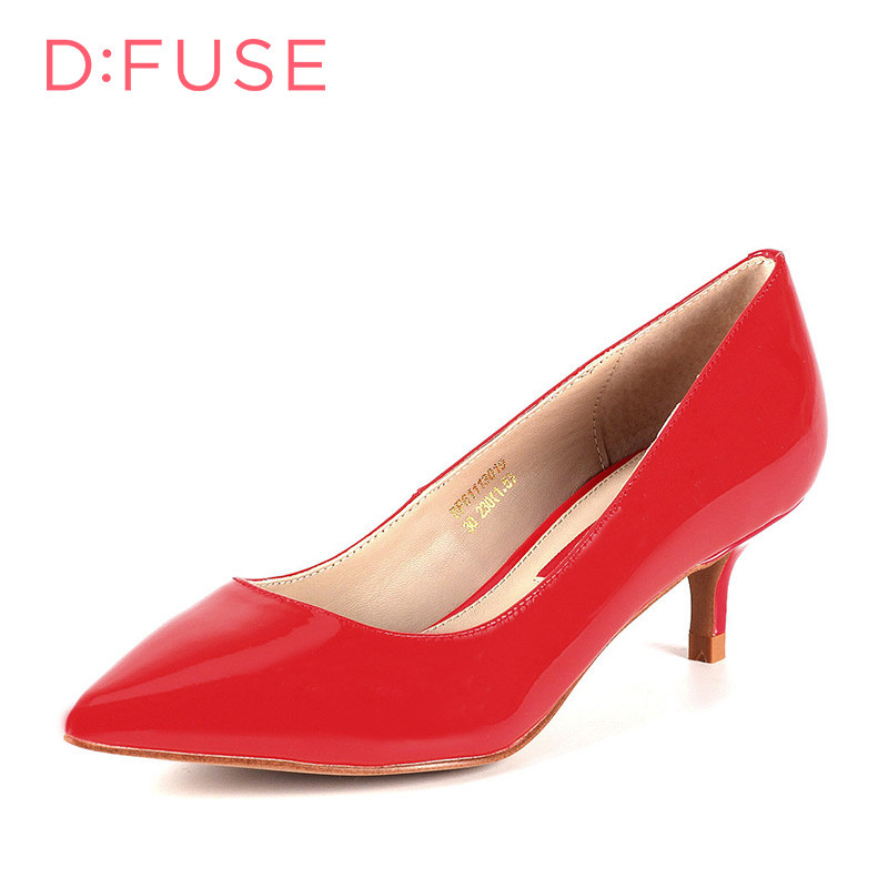 D：Fuse/迪芙斯漆面牛皮革尖头中跟通勤单鞋女鞋DF61113019 30红色 36