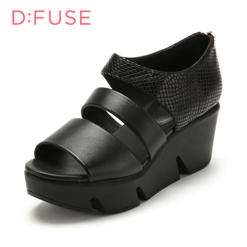 迪芙斯D:FUSE春专柜同款羊皮露趾百搭学生坡跟凉鞋女DF51111027 黑色 37