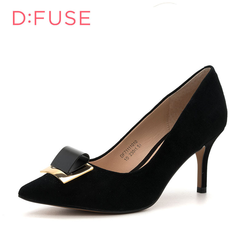 D：Fuse/迪芙斯绒面羊皮革尖头浅口高跟女鞋优雅单鞋DF71111010 10黑色 35