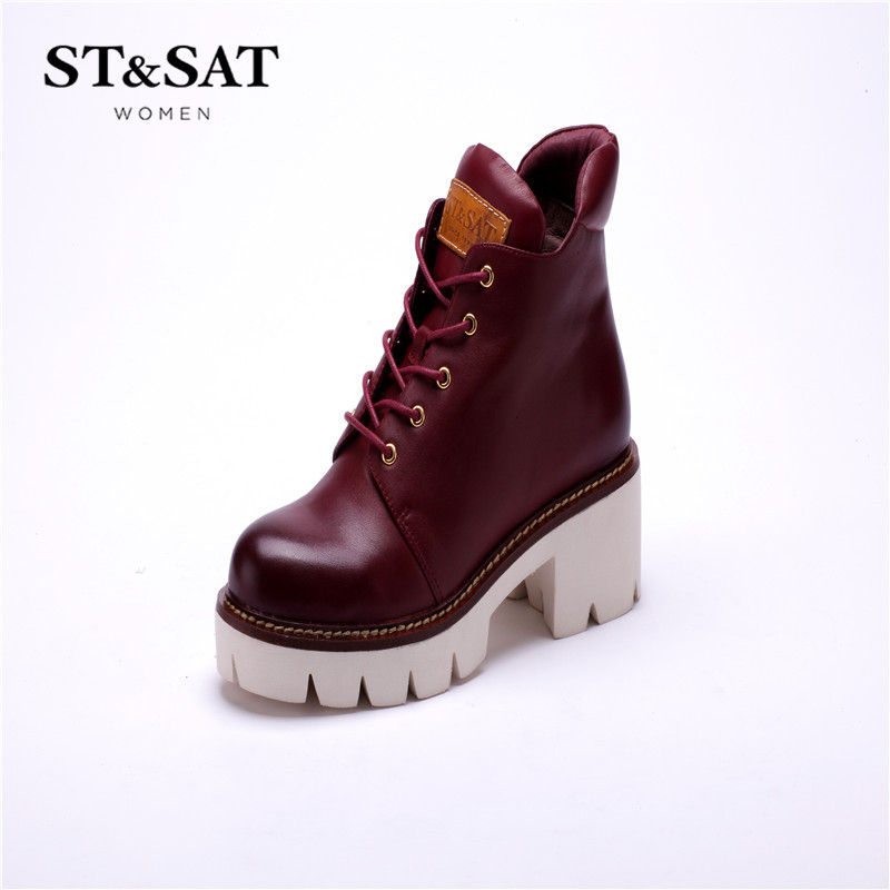 星期六ST&SAT牛皮圆头高跟系带纯色女靴SS54112983 酒红色 39