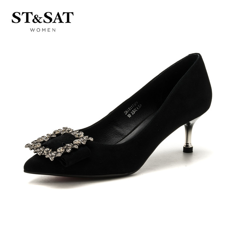 St&Sat/星期六羊反绒尖头高跟单鞋女鞋SS73111329 黑色 37