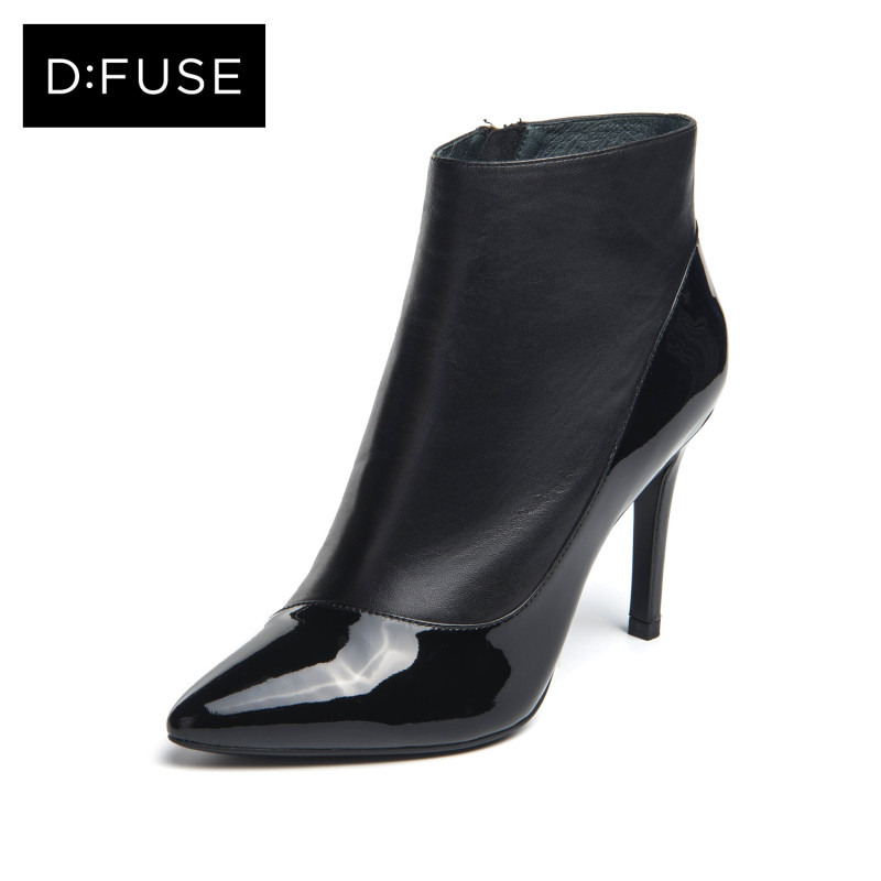 D：Fuse/迪芙斯冬新款牛皮尖头高跟通勤短靴女鞋DF64117364_DQB17 10黑色 35