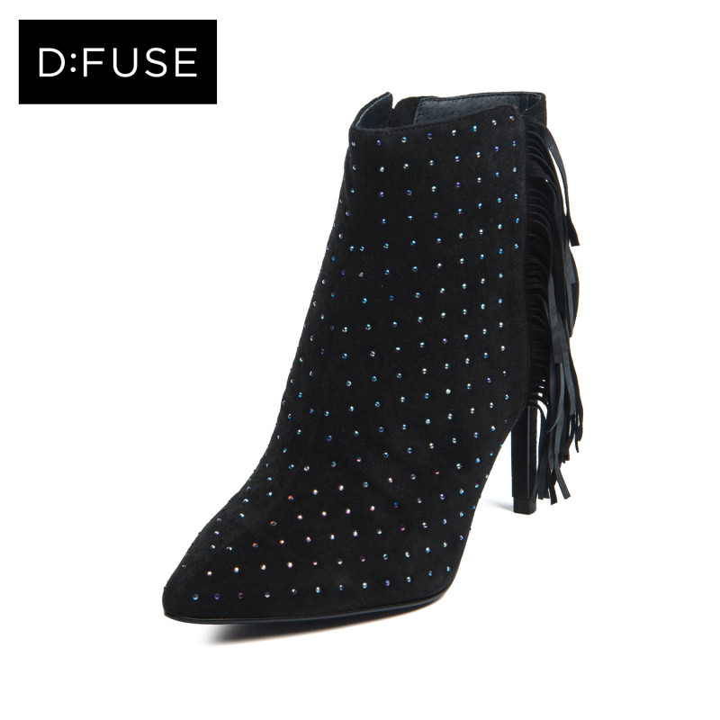 D：Fuse/迪芙斯短靴冬款羊反绒尖头流苏高跟女鞋DF64117060_ImQ78 10黑色 35
