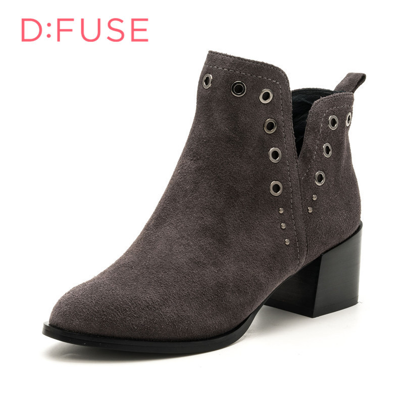 D：FUSE/迪芙斯简约时尚粗跟舒适欧美牛皮女短靴DF7311605 灰色 34
