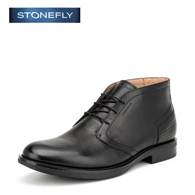 斯通富来STONEFLY牛皮尖头低跟套脚绑带短靴男鞋SD64122817 黑色 43