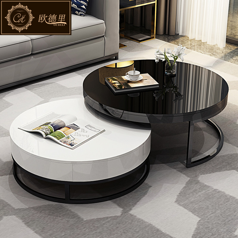 欧德里 现代简约创意茶台黑白圆形北欧大小户型茶几桌子客厅家具 茶几