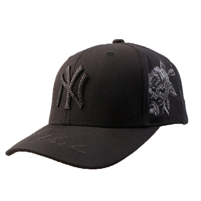 MLB 棒球帽子NY洋基队鸭舌帽 经典黑白侧边刺绣玫瑰花男女通用款 32CPFB711-50L 黑色黑标玫瑰标亮钻NY