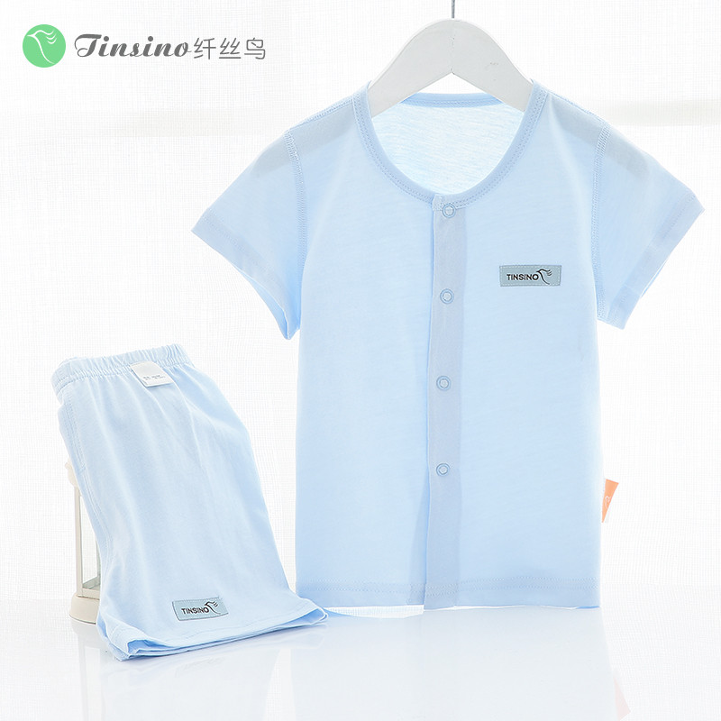 婴儿短袖套装夏季纯棉内衣新生儿衣服女男睡衣宝宝童装薄女0-1岁3_0 100cm 清新净面开衫-浅蓝