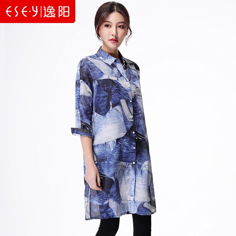 2018春夏新款宽松气质印花中长款衬衫防晒风衣外套上衣女清仓1422_2 2XL 牛仔蓝