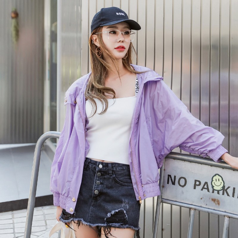 韩都衣舍2018夏装新款女韩版宽松显瘦印花连帽开衫短外套RW8471瑒 S 紫色[预计7月13发]