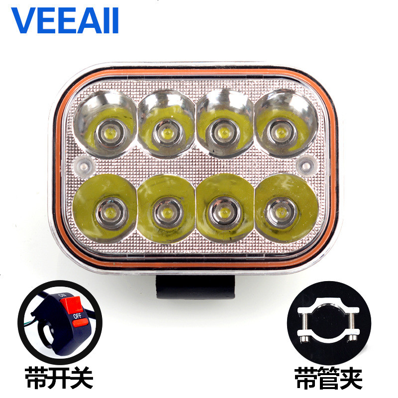 挖掘机汽车led大灯越野车LED射外置大灯12V24V货车铲车工作灯照明 方形八珠+开关+支架