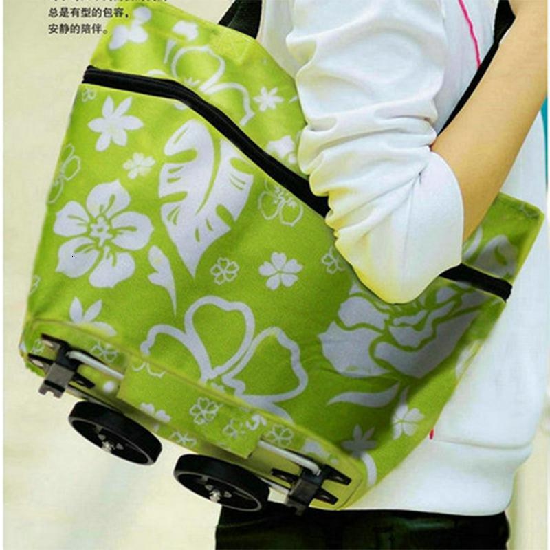 卡秀时尚圆点牛津布折叠两用拖轮包收纳行李包收纳行李袋30*50CM_3 绿色花朵