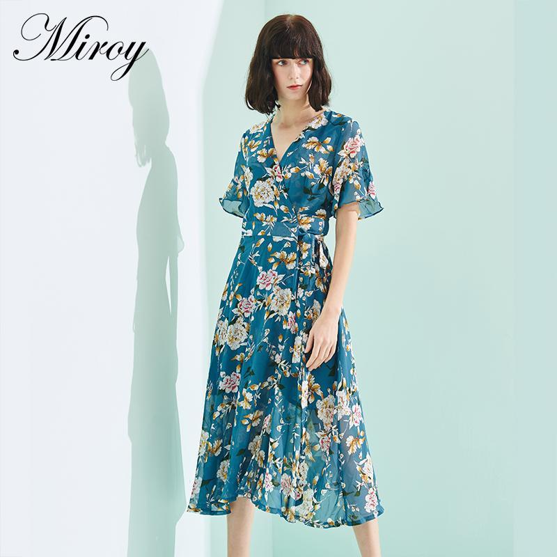 麦诺伊2018夏淑女印花雪纺v领一片式系带连衣裙MWHMAG013_1 S 绿色3个工作日发货