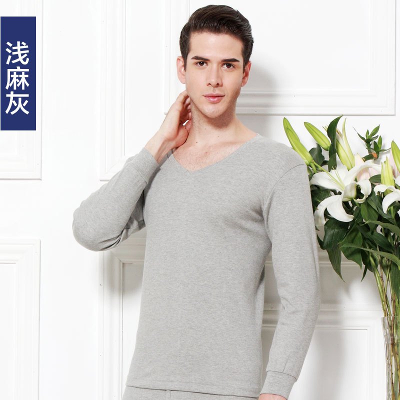 彼尔丹男士棉内衣V领上衣单件秋衣薄款打底保暖单衣_1 XXXL 浅麻灰