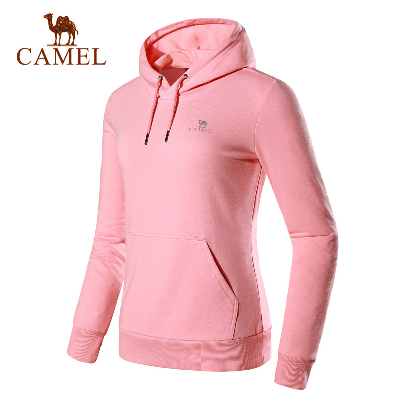 CAMEL骆驼户外运动卫衣 2018秋冬新款情侣款男女时尚休闲印花舒适透气长袖套帽运动卫衣 XL J8W1Y6121，珊瑚粉-2，女款