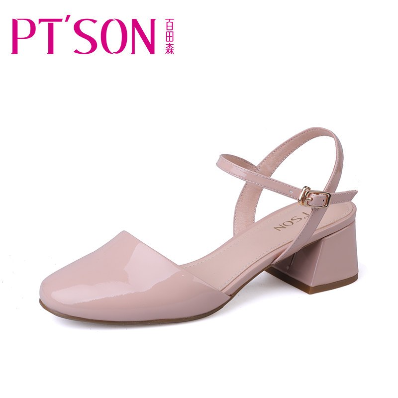 PTSON/百田森2018春季新款漆皮一字扣单鞋中空粗跟女鞋子玛丽珍鞋_1 粉色 37