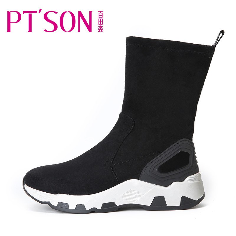PTSON/百田森冬季韩版中筒靴厚底时尚潮休闲织物冬靴女 黑色 37