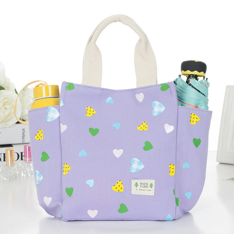 带饭手提袋子帆布妈咪包小拎包布艺午餐便当包大号装饭盒袋手提包_4 紫色爱心
