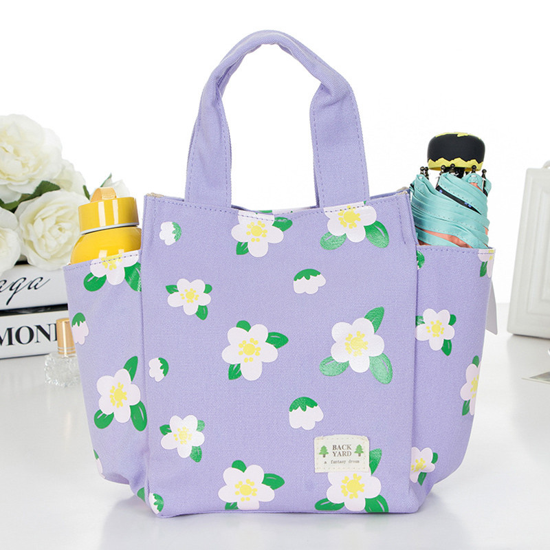 带饭手提袋子帆布妈咪包小拎包布艺午餐便当包大号装饭盒袋手提包_4 浅紫五叶花