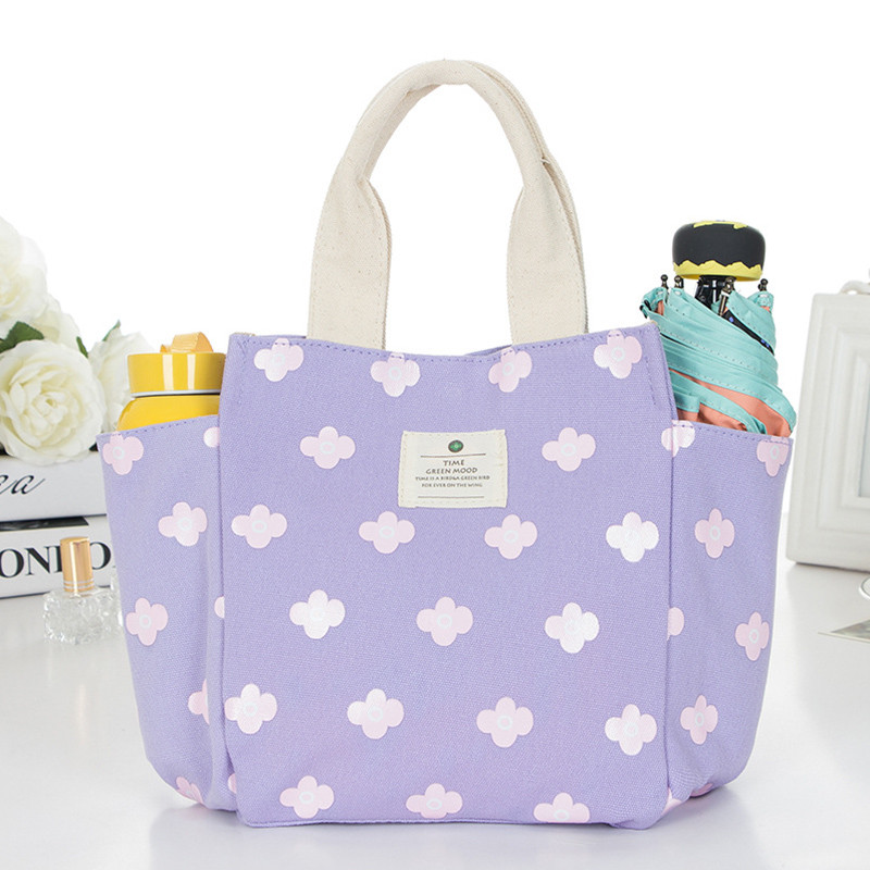 带饭手提袋子帆布妈咪包小拎包布艺午餐便当包大号装饭盒袋手提包_4 浅紫四叶花