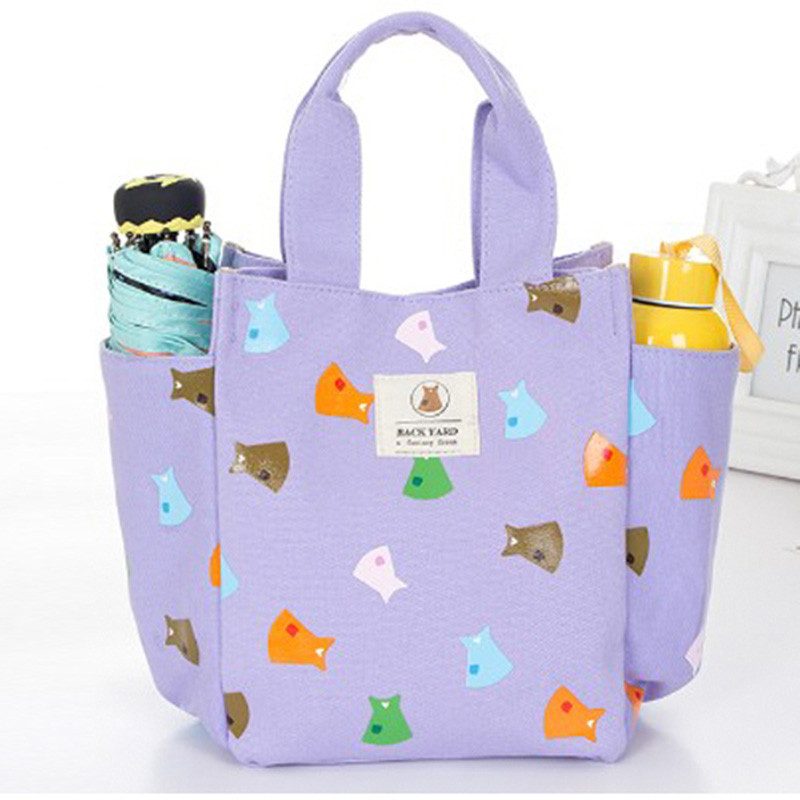 带饭手提袋子帆布妈咪包小拎包布艺午餐便当包大号装饭盒袋手提包_4 紫色裙子