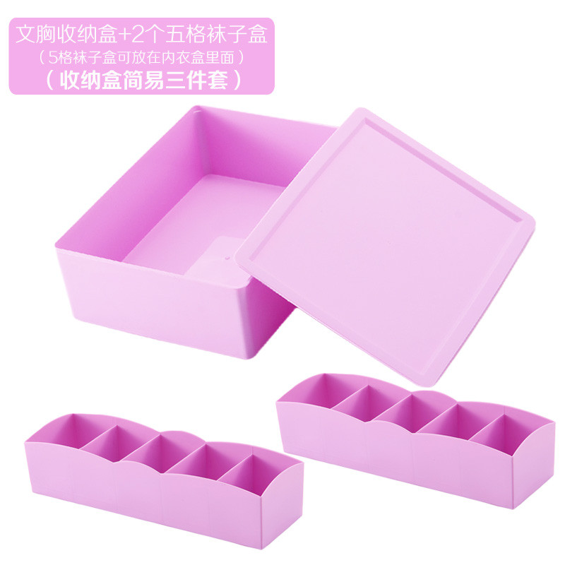 内衣收纳盒创意有盖储物箱内裤盒袜子盒文胸盒内衣盒_3 内衣盒有盖+2个5格紫色