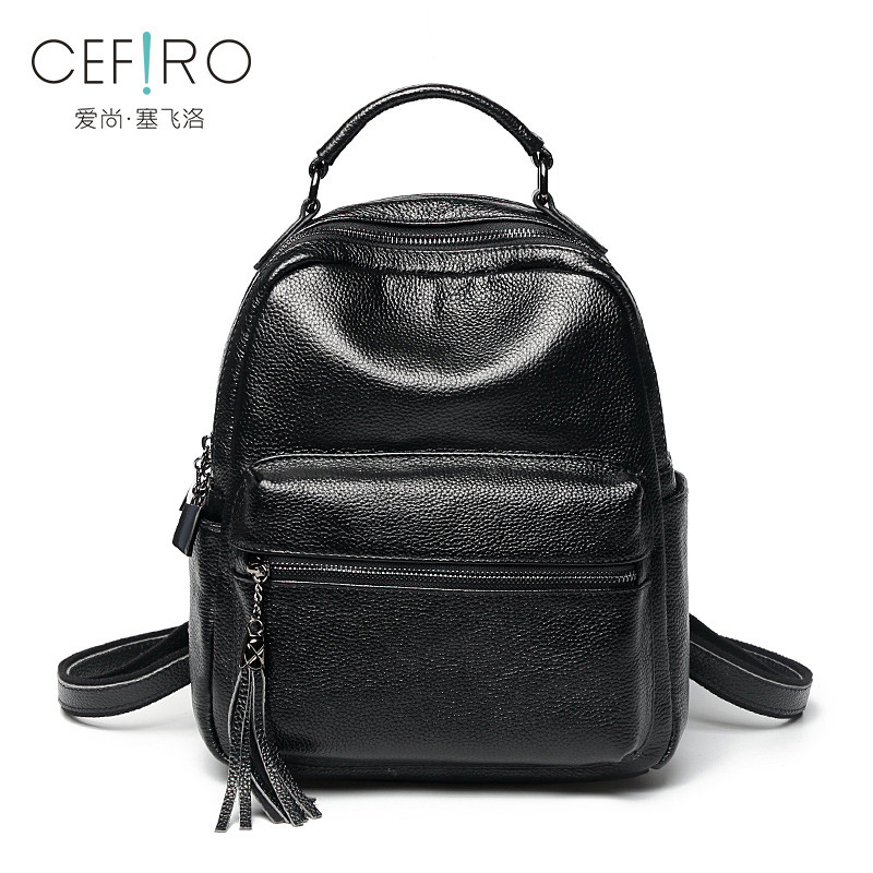 CEFIRO/塞飞洛2018新款双肩包女大容量简约全头层牛皮多隔层学生背包 黑色