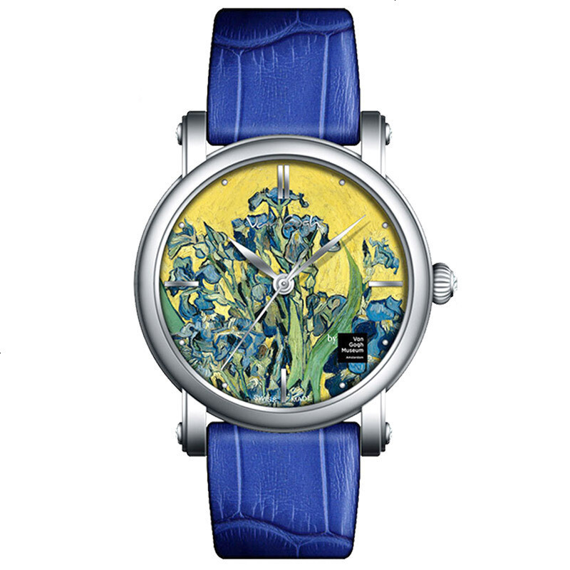 梵高（VanGogh）瑞士手表女 3D打印油画表面 牛皮表带 时尚潮流 休闲 石英表 女 生养紫色鸢尾花的花_63 生养紫色鸢尾花的花瓶