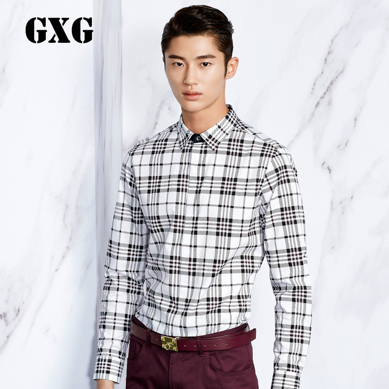 GXG长袖衬衫男装男士秋季斯文潮流时尚都市修身花色格纹休闲衬衫_7 花色 185/XXL