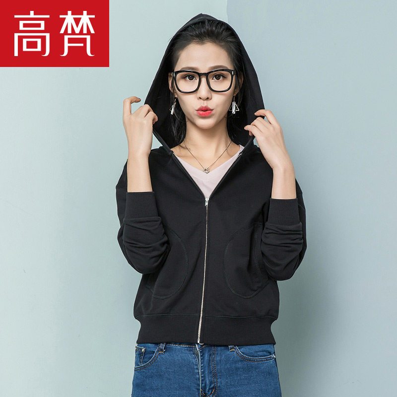 高梵(GOLDFARM) 纯棉拉链女士休闲卫衣运动宽松拉链开衫纯色带帽衫上衣女春秋 黑色 160/M