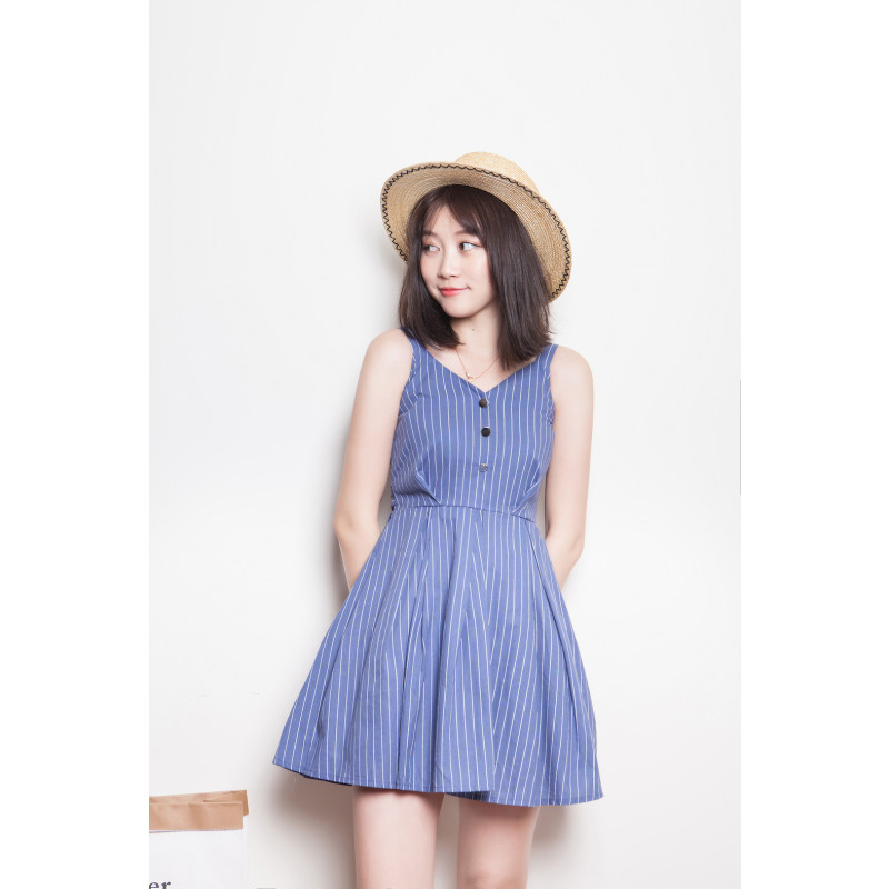 MolaLuna2018夏季新品韩版女收腰显瘦百搭吊带连衣裙 L 蓝色