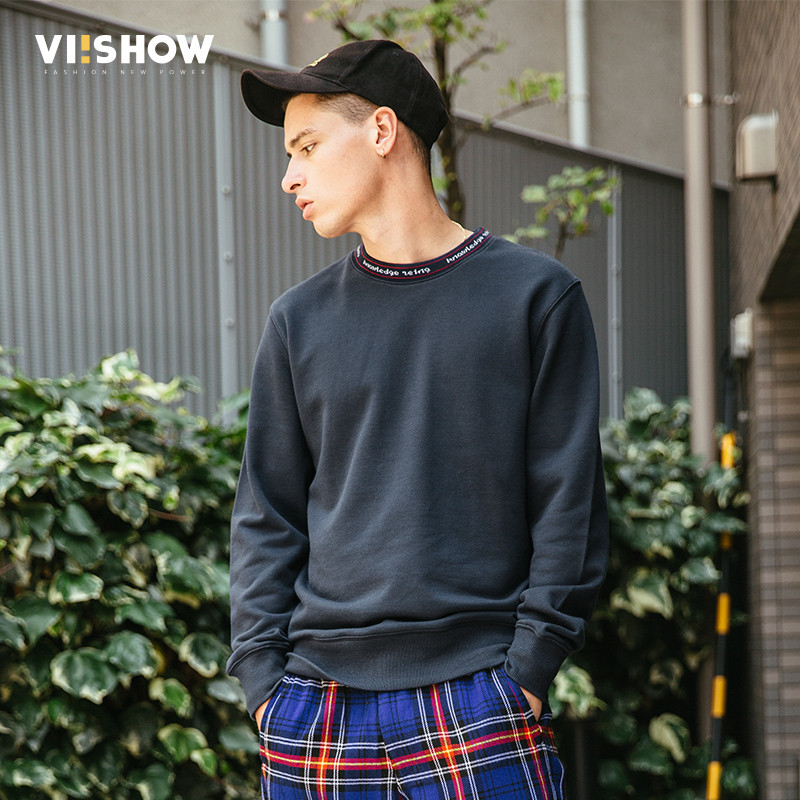 VIISHOW2018秋装新款休闲卫衣男圆领套头个性领口男士卫衣外套 男XL 藏青色