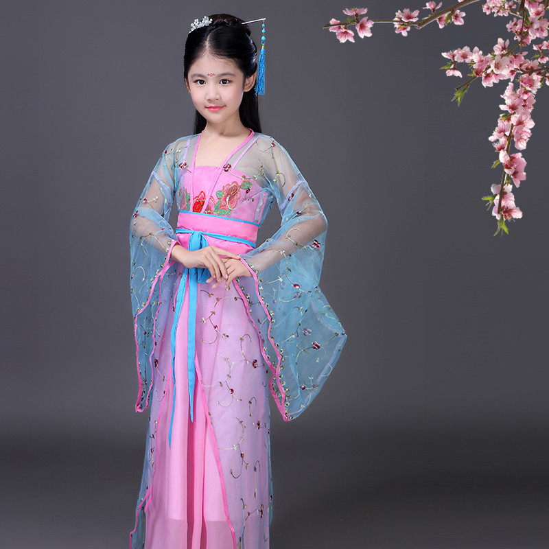 淡雅大唐儿童古装女拖尾贵妃宫廷女童古代仙女装 110cm 天蓝色衣服