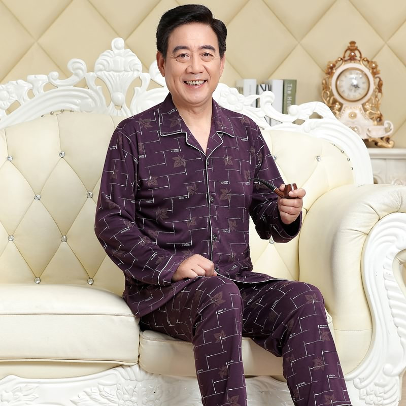 爱心鼠(Aixinshu)加大加肥中老年人睡衣男春秋冬季开衫长袖长裤居家服棉质男士爸爸休闲家居服套装7604 2XL码 1号款