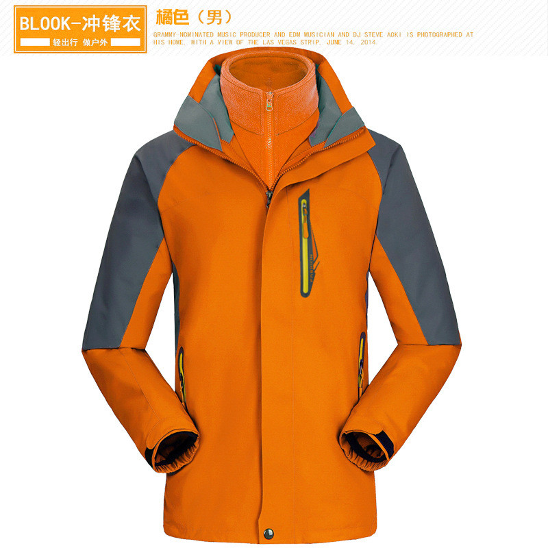 WNM冲锋衣新款防水透气登山户外冲锋衣男女加厚两件套三合一滑雪服 XL 男款-橘色