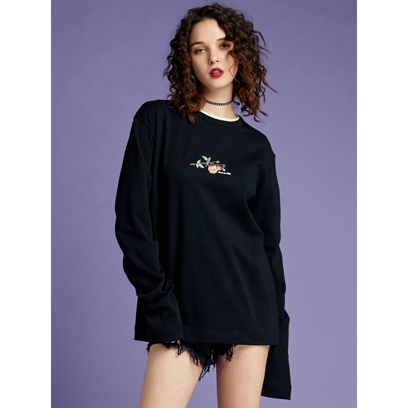 UNIFREE2018圆领长袖个性手绘印花宽松纯棉T恤女UH181G015 L 黑色