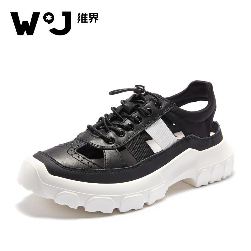 维界2018春夏季新款休闲凉鞋男韩版风潮流系带青春男士个性时尚鞋_OkW70 黑色 43