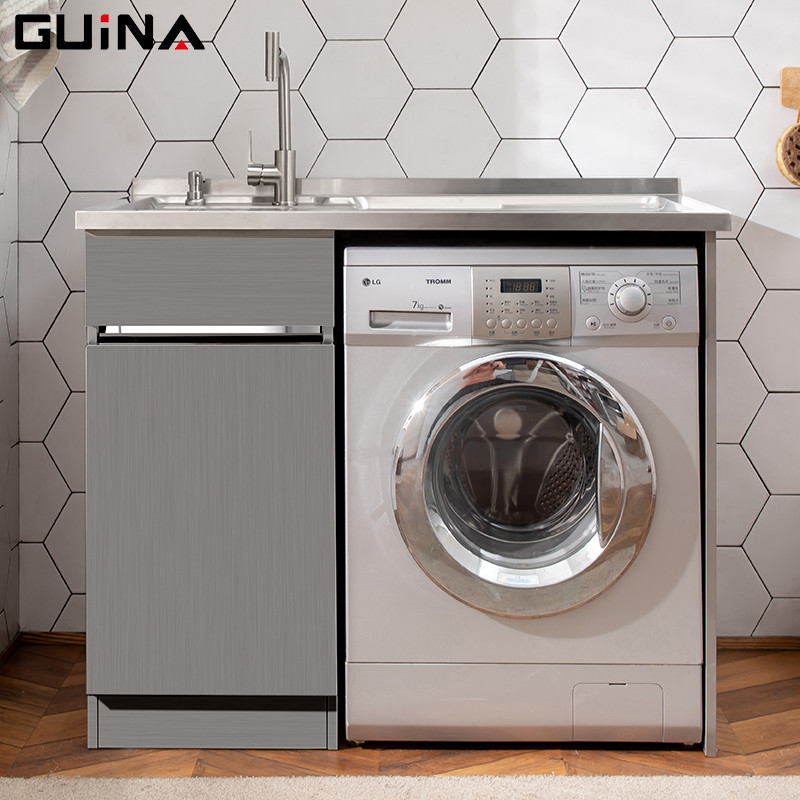贵娜(guina) 洗衣柜 阳台洗衣池带搓板洗衣机伴侣柜 1.1M 1.1拉丝左盆